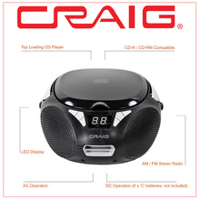 Load image into Gallery viewer, Craig CD6925 Portable Top-Loading Stereo CD Boombox with AM/FM Stereo Radio in Black | LED Display | Programmable CD Player | CD-R/CD-W Compatible | AUX in Port Supported
