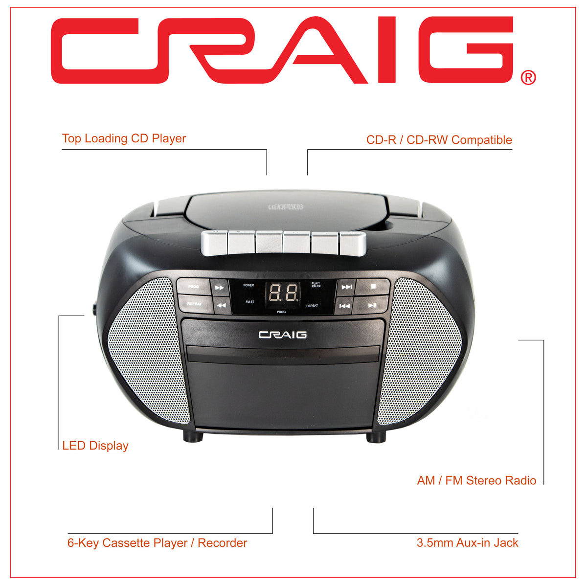 Craig CD6951 Portable Top-Loading CD Boombox with AM/FM Stereo Radio a –  Craig Electronics
