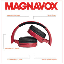 Load image into Gallery viewer, Magnavox MBH542-RD Bluetooth Wireless Foldable Stereo Headphones in Red
