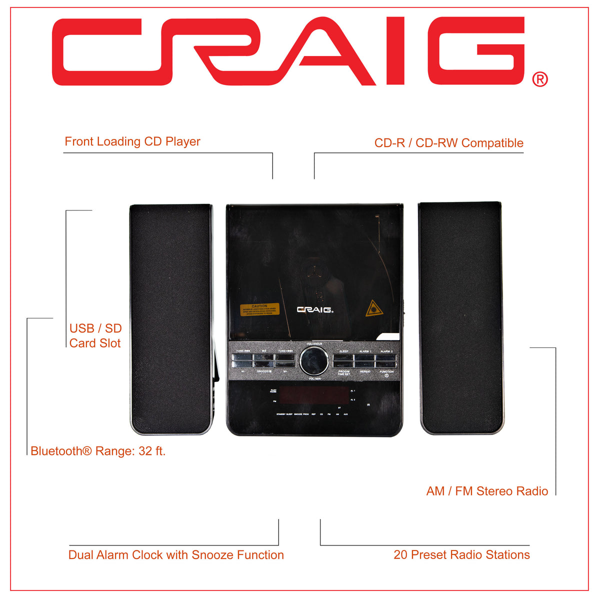 Craig CM427BT-BK 3-Piece Vertical CD Stereo Shelf System with