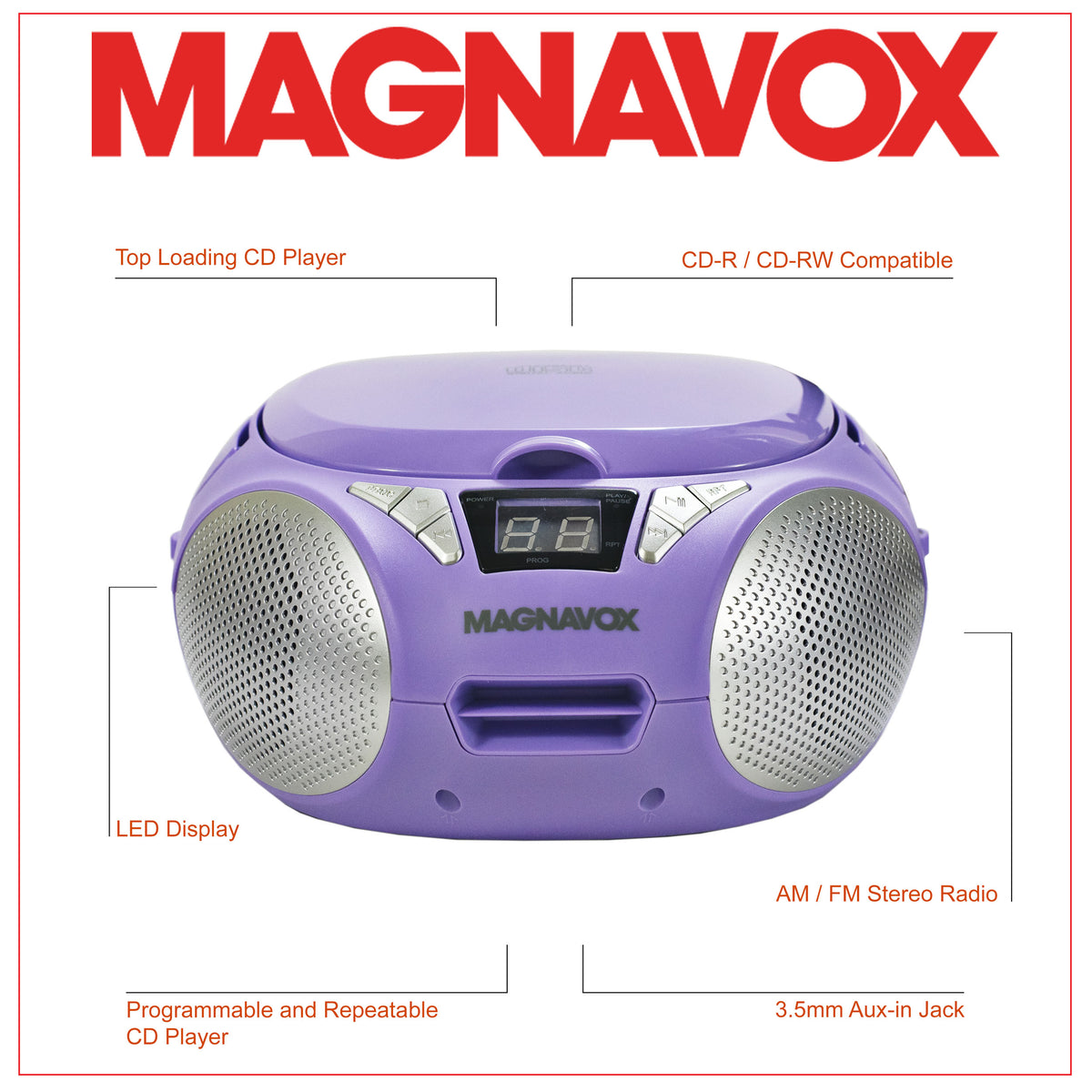 Magnavox MD6924-PL Portable Top Loading CD Boombox with AM/FM
