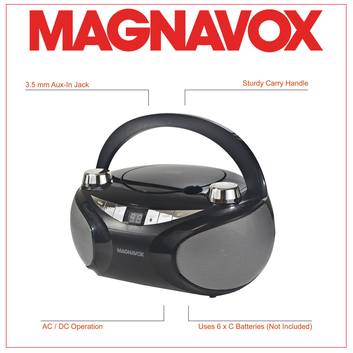 Magnavox MD6949-BK Boombox de CD portátil de carga superior con radio  estéreo AM/FM y tecnología inalámbrica Bluetooth en negro | Compatible con