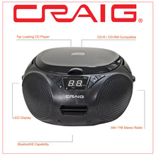 Load image into Gallery viewer, Craig CD6925BT-BK Portable Top-Loading Stereo CD Boombox with AM/FM Stereo Radio and Bluetooth Wireless Technology in Black | LED Display | Programmable CD Player | CD-R/CD-W Compatible | AUX in Port
