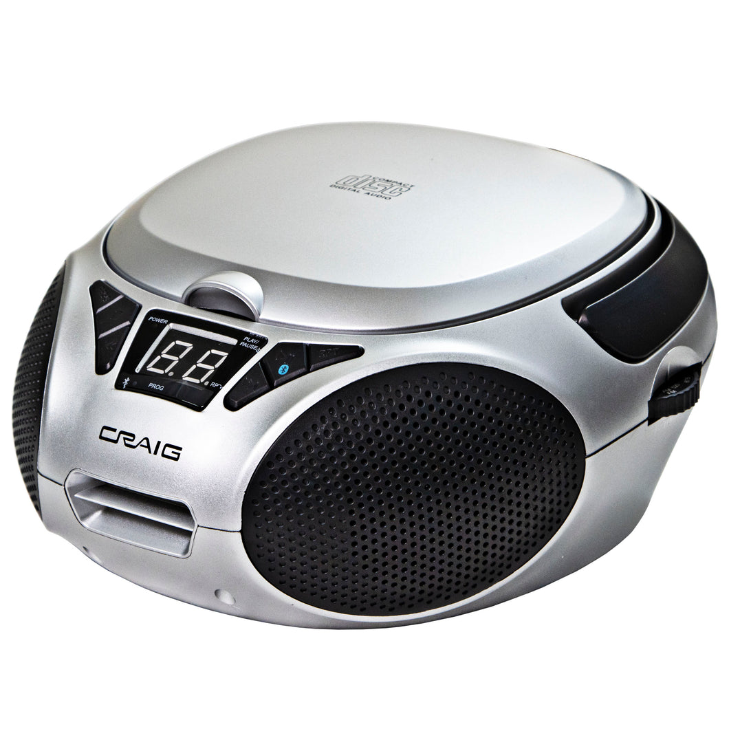 Craig CD6925BT-SL Portable Top-Loading Stereo CD Boombox with AM/FM Stereo Radio and Bluetooth Wireless Technology in Silver | LED Display | Programmable CD Player | CD-R/CD-W Compatible | AUX in Port |