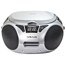 Load image into Gallery viewer, Craig CD6925BT-SL Portable Top-Loading Stereo CD Boombox with AM/FM Stereo Radio and Bluetooth Wireless Technology in Silver | LED Display | Programmable CD Player | CD-R/CD-W Compatible | AUX in Port |
