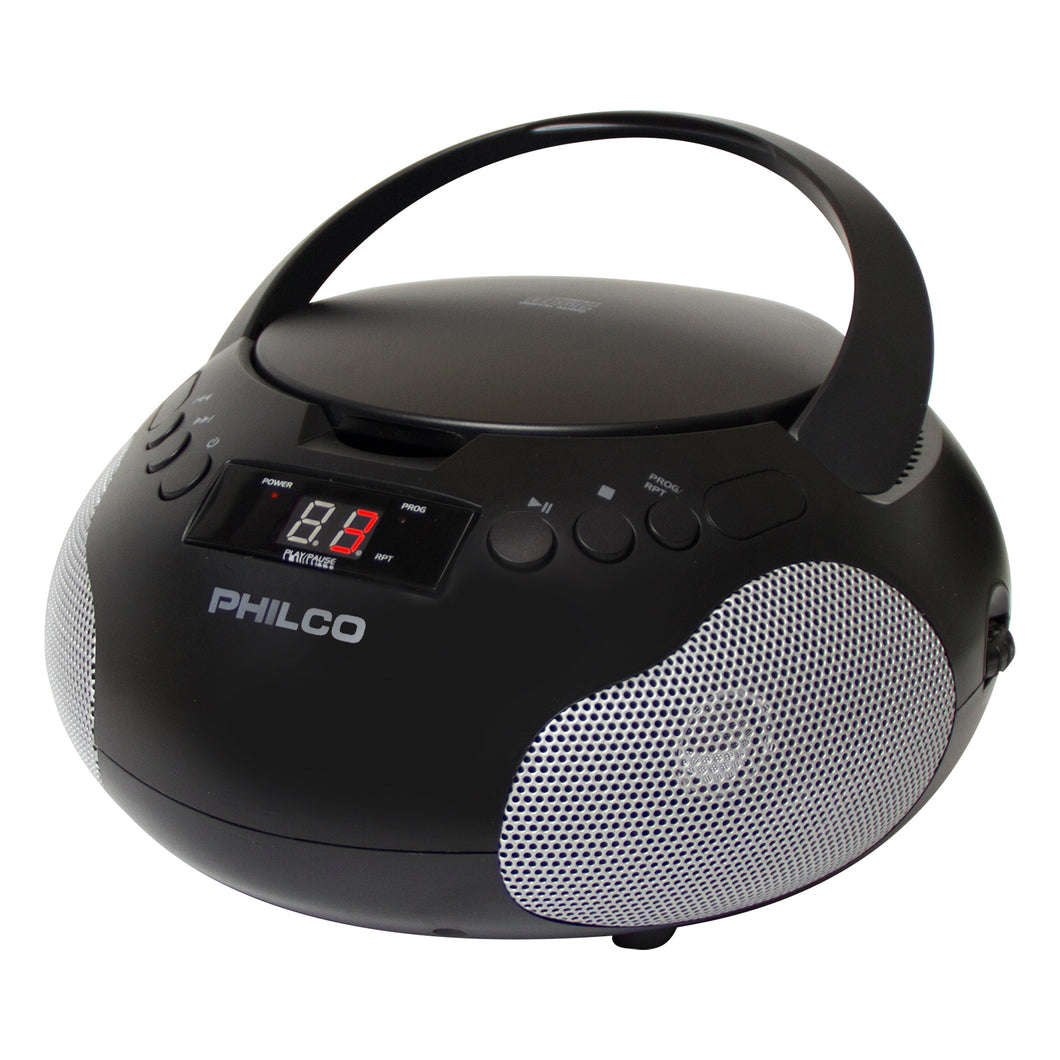 Philco PBB1005 Portable CD Player Boombox with Speakers and AM FM Radio | Black Boom Box CD Player Compatible with CD-R/CD-RW and Audio CD | 3.5mm Aux Input | Stereo Sound | LED Display | AC/Battery Powered