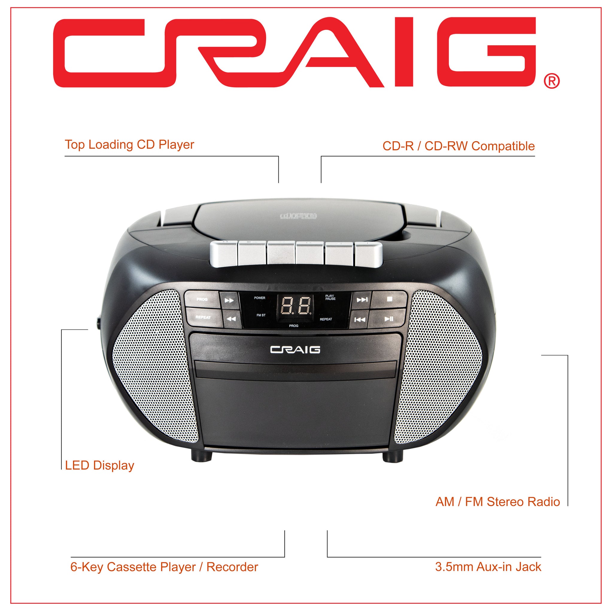 Craig CD6951-SL Portable Top-Loading CD Boombox with AM/FM Stereo Radi –  Craig Electronics