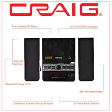 Load image into Gallery viewer, Craig CM427BT-BK 3-Piece Vertical CD Stereo Shelf System with AM/FM Radio, Bluetooth Wireless Technology &amp; Remote Control in Black | LED Display | Dual Alarm Clock with Snooze | AUX Port Compatible
