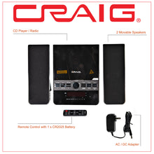 Load image into Gallery viewer, Craig CM427BT-BK 3-Piece Vertical CD Stereo Shelf System with AM/FM Radio, Bluetooth Wireless Technology &amp; Remote Control in Black | LED Display | Dual Alarm Clock with Snooze | AUX Port Compatible
