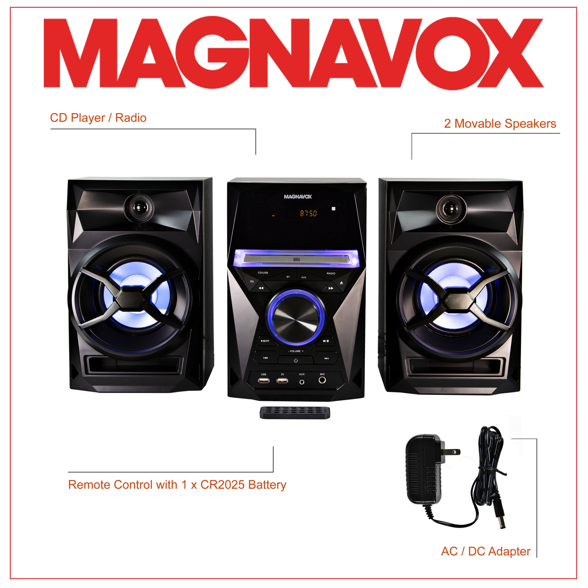 Magnavox MM441 CD Shelf System with FM Radio, Bluetooth, Blue