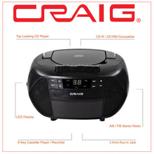 Load image into Gallery viewer, Craig CD6951 Portable Top-Loading CD Boombox with AM/FM Stereo Radio and Cassette Player/Recorder in Black | 6 Key Cassette Player/Recorder | LED Display
