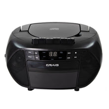 Load image into Gallery viewer, Craig CD6951 Portable Top-Loading CD Boombox with AM/FM Stereo Radio and Cassette Player/Recorder in Black | 6 Key Cassette Player/Recorder | LED Display
