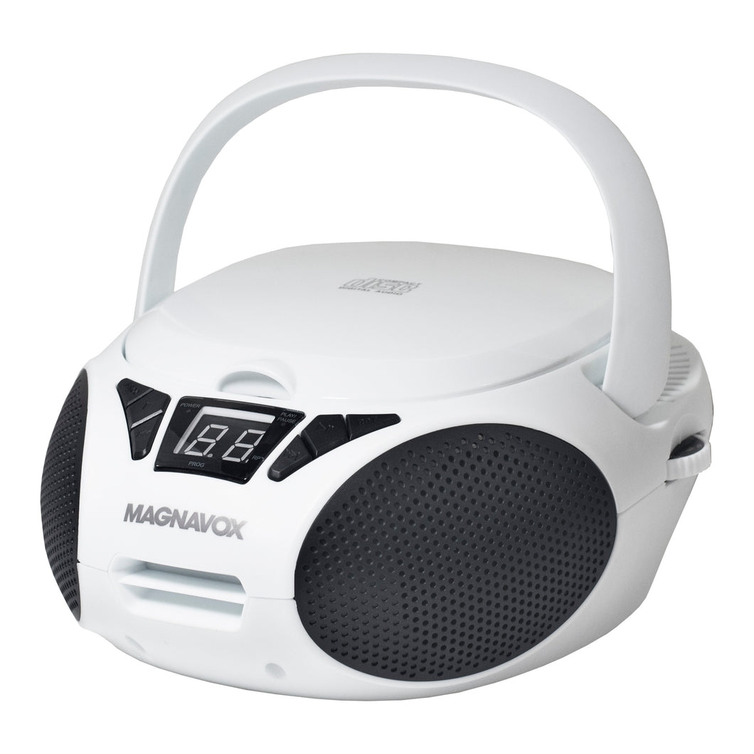 Magnavox MD6924-WH Portable Top Loading CD Boombox with AM/FM Radio in White/Black