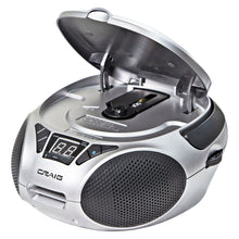 Load image into Gallery viewer, Craig CD6925BT-SL Portable Top-Loading Stereo CD Boombox with AM/FM Stereo Radio and Bluetooth Wireless Technology in Silver | LED Display | Programmable CD Player | CD-R/CD-W Compatible | AUX in Port |
