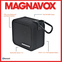 Load image into Gallery viewer, Magnavox MMA3927 Waterproof Portable Bluetooth Speaker with Carabiner Clip in Black
