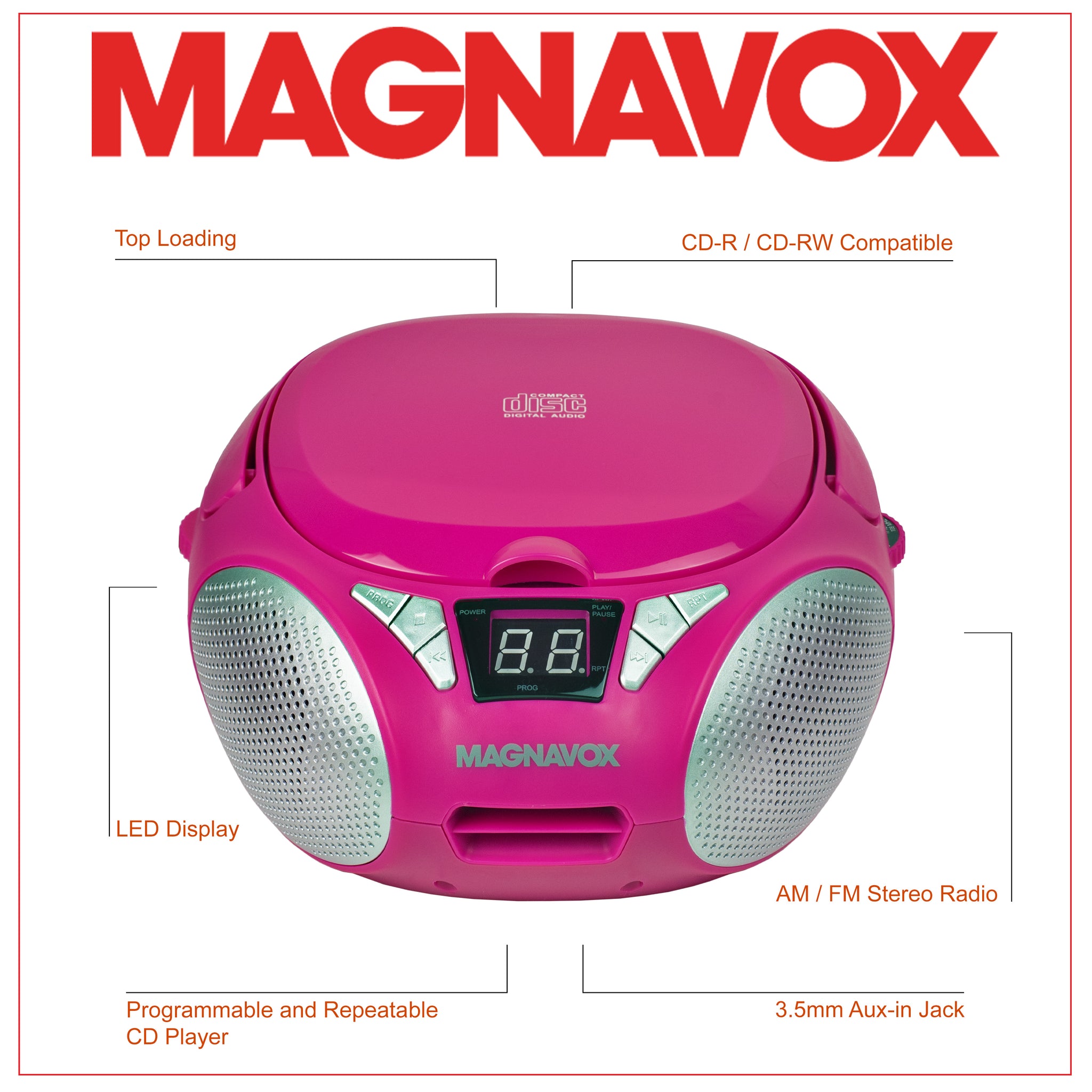 Magnavox MD6924-PK Boombox de CD portátil de carga superior con radio  estéreo AM/FM en rosa | Compatible con CD-R/CD-RW | Pantalla LED | Puerto  AUX